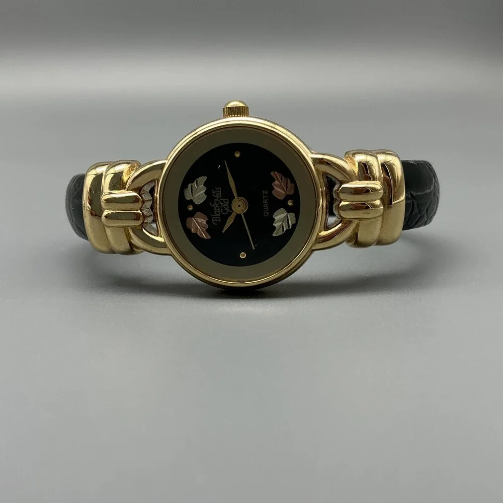 Vintage Black Hills Gold Womens Watch 23mm 12K Gold Leaves Cuff New Battery